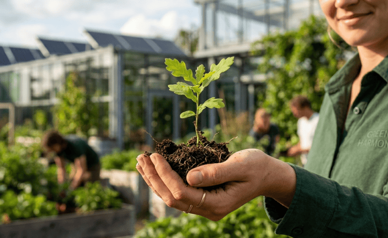 Uma pessoa segura uma pequena muda de carvalho com raízes expostas e solo em suas mãos em concha, em um jardim sustentável com painéis solares e estufas ao fundo.