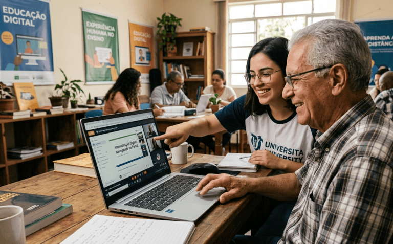 Idoso e jovem interagindo com tecnologia, representando os desafios da educação digital e a importância de manter a experiência humana no ensino à distância.