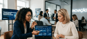 Duas mulheres discutindo estratégias em um laptop, representando a transformação digital além do core bancário no setor financeiro.