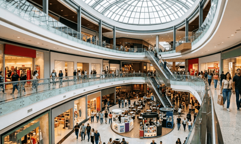 Vista panorâmica do interior de um shopping movimentado e moderno com vários andares, pessoas circulando e vitrines de lojas sob uma grande cúpula de vidro. A imagem ilustra o dinamismo e a expansão do varejo, destacando a necessidade de sistemas de gestão preparados para acompanhar o crescimento das operações de forma integrada.