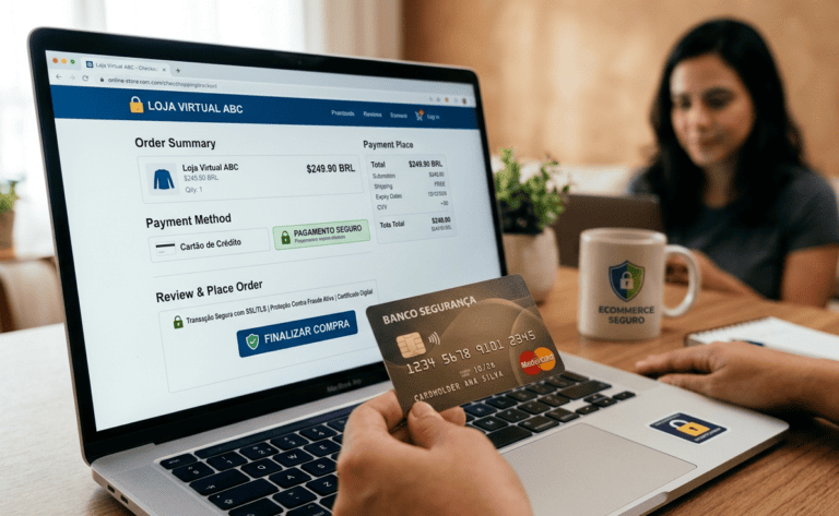 Uma pessoa realiza uma compra online em um notebook utilizando um cartão de crédito. A tela exibe selos de segurança e a mensagem "PROTEÇÃO CONTRA FRAUDES", destacando a importância de uma estratégia antifraude para garantir transações seguras e o crescimento do e-commerce.