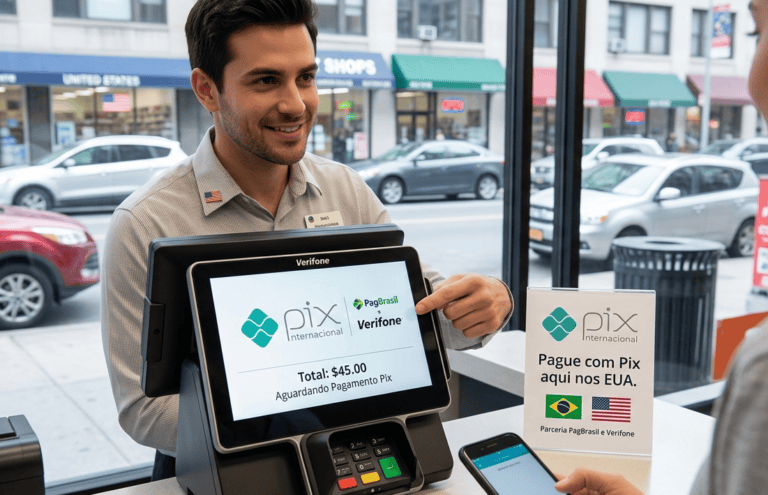 Atendente opera sistema Verifone/PagBrasil nos EUA para pagamento via pix internacional por meio de QR Code.