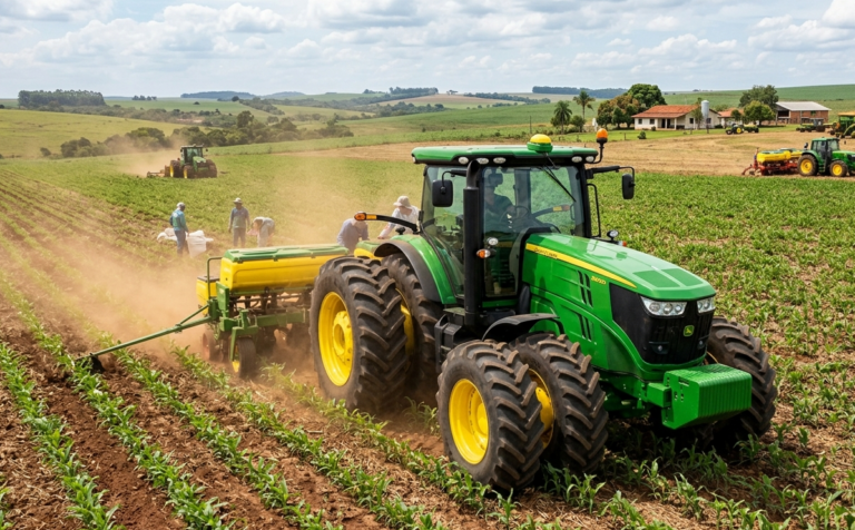 Trator verde moderno em atividade no campo com trabalhadores manuais ao fundo, representando os desafios de implementação de novas tecnologias agrícolas.