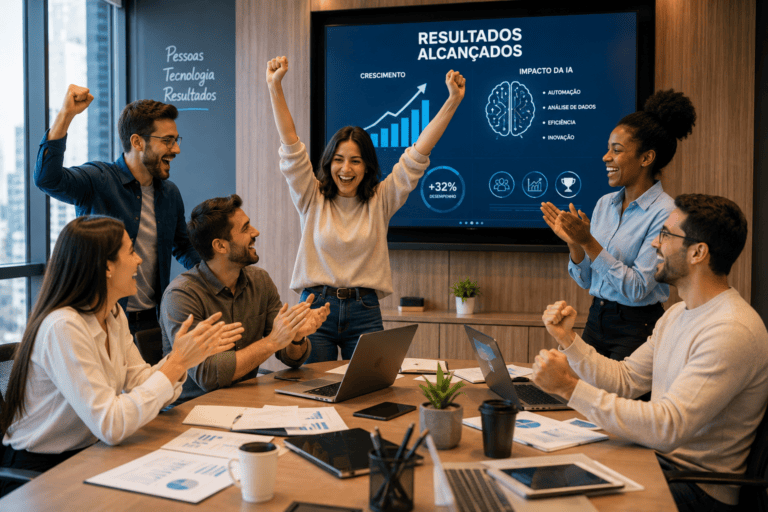 Grupo de seis profissionais comemorando uma conquista em uma sala de reunião moderna, com notebooks e documentos sobre a mesa. Alguns aplaudem enquanto outros levantam os braços em celebração, representando colaboração, inovação e os resultados positivos da inteligência artificial na recolocação profissional e no crescimento das carreiras.