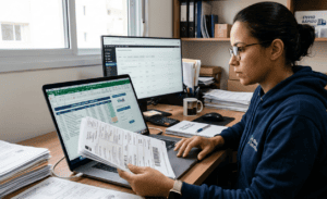 Mulher analisa dados financeiros em notebook e monitor ao lado de Agentes de IA.