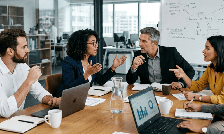 Uma fotografia de cinco profissionais em uma reunião de negócios vibrante ao redor de uma mesa com laptops, debatendo ativamente. Uma mulher negra ao centro gesticula expressivamente ao falar. No fundo, um quadro branco com "STRATEGY Q3" e diagramas.