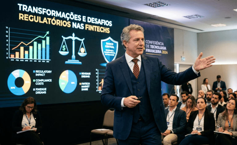 Um profissional de negócios realiza uma apresentação no palco para um público atento. No telão, o título é "Transformações e Desafios Regulatórios nas Fintechs". A tela inclui gráficos financeiros, uma balança e o escudo do "Banco Central", simbolizando segurança, transparência e estabilidade. O ambiente sugere uma conferência de tecnologia financeira.