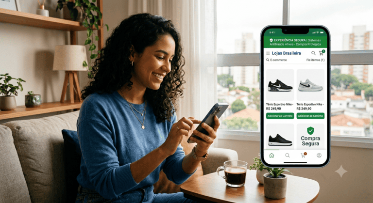 Uma mulher sorridente usa seu smartphone, que exibe um aplicativo de e-commerce com a mensagem de destaque: ‘EXPERIÊNCIA SEGURA | Sistemas antifraude Ativos - Compra Protegida’, simbolizando a segurança nas transações online.