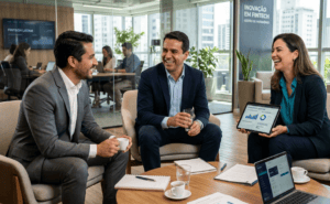 Três executivos sorriem em um escritório moderno. Uma mulher segura um tablet com gráficos e dados financeiros. Ao fundo, uma TV exibe a inscrição "FINTECH LATAM" e, na parede, o texto "INOVAÇÃO EM FINTECH - GESTÃO DE PATRIMÔNIO".