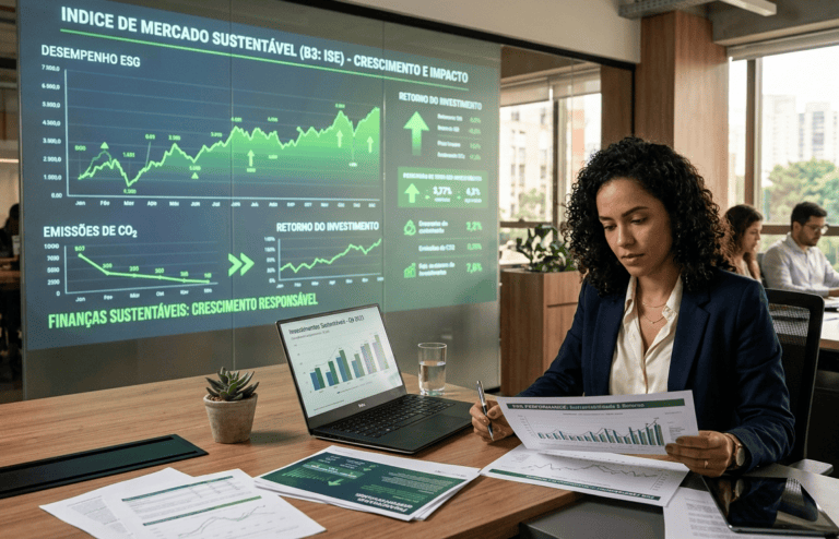 Nesta imagem, uma profissional de finanças está focada na análise de relatórios financeiros, comparando o desempenho de investimentos tradicionais com estratégias de Finanças Sustentáveis. O grande gráfico de mercado projetado atrás dela ilustra a crescente relevância e o impacto dessas alternativas éticas no cenário de investimentos moderno. A imagem transmite a mensagem de que a sustentabilidade não é apenas uma tendência passageira, mas sim um fator essencial para o sucesso financeiro e o bem-estar do planeta a longo prazo.