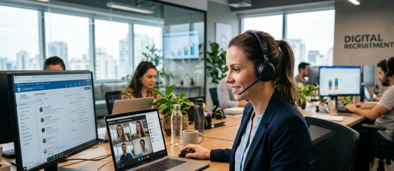Uma mulher branca de cabelos castanhos presos em um rabo de cavalo e vestindo um blazer azul marinho e uma blusa azul clara, sentada em uma mesa de escritório moderno. Ela usa um headset preto e sorri enquanto interage com um notebook que exibe uma videochamada com quatro pessoas. Um monitor maior ao lado mostra um software de recrutamento com perfis de candidatos e análises. No fundo, à direita, um letreiro na parede diz "DIGITAL RECRUITMENT" em letras maiúsculas e minúsculas. Outras pessoas trabalham em mesas ao fundo, e a cena demonstra o uso da tecnologia moderna no processo de Recrutamento com IA.