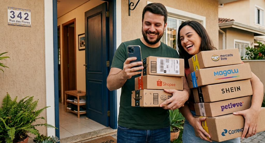Casal sorrindo na porta de casa com várias caixas de compras online (Mercado Livre, Magalu, Shein, Shopee). O homem olha o celular.