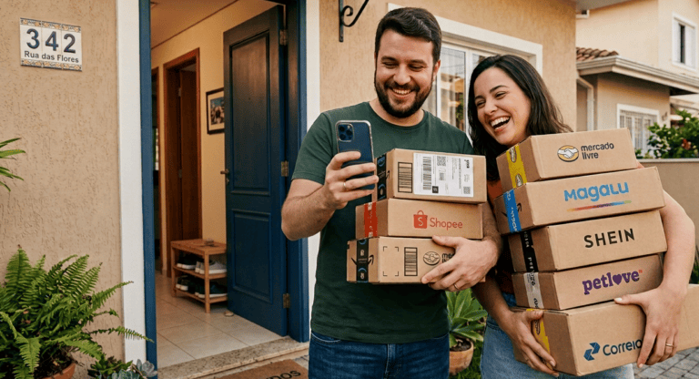 Casal sorrindo na porta de casa com várias caixas de compras online (Mercado Livre, Magalu, Shein, Shopee). O homem olha o celular.