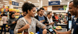 Esta foto mostra a conveniência do pagamento por aproximação no varejo moderno. Uma cliente em um supermercado realiza o pagamento de suas compras de forma rápida e segura, apenas aproximando seu smartwatch do leitor de cartão. O caixa observa a transação com um sorriso, e a imagem transmite a facilidade do processo de pagamento digital.