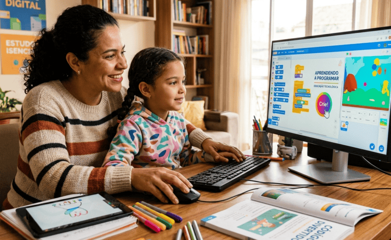 Uma mãe e sua filha sorriem juntas em frente a um computador, imersas em uma atividade de programação para crianças. A cena simboliza o incentivo à educação digital e ao aprendizado de novas tecnologias desde cedo, com a tela exibindo blocos de código e cartazes na parede com as frases 'FUTURO DIGITAL' e 'educação digital'.