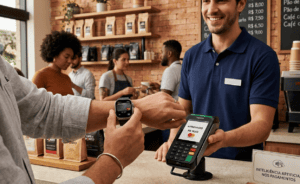 Um close-up em primeira pessoa das mãos de um cliente usando um smartwatch para pagar em um terminal de cartão em uma cafeteria. O atendente, sorrindo e usando uma camisa pólo azul com crachá em branco, segura o terminal. O terminal exibe “APROVADO R$ 19,50” e o logotipo do Mastercard. O smartwatch exibe a interface do Apple Pay. O fundo mostra uma cafeteria movimentada com clientes, prateleiras de café e um menu de quadro negro. Uma placa pequena no balcão tem a onda de pagamento por aproximação e o texto 'inteligência artificial nos pagamentos'.