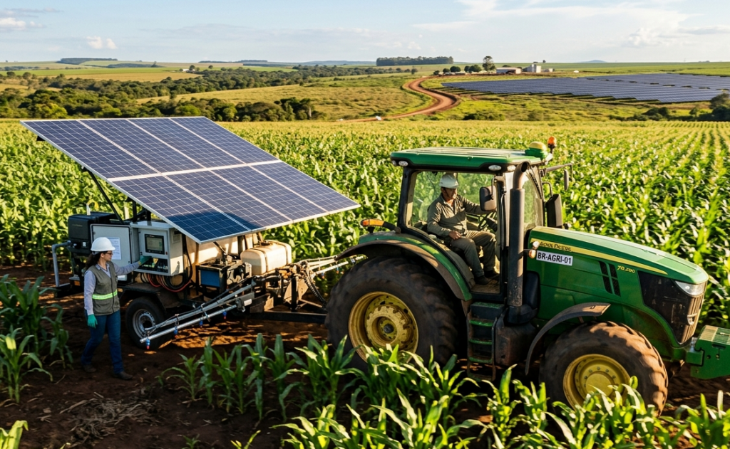 Uma trabalhadora e um motorista utilizam um trator em uma lavoura verde, equipado com um grande painel solar para capturar energia.