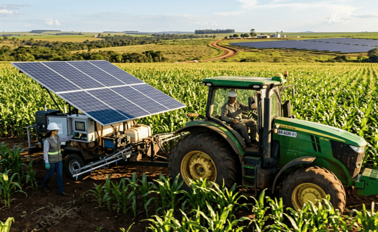 Uma trabalhadora e um motorista utilizam um trator em uma lavoura verde, equipado com um grande painel solar para capturar energia.