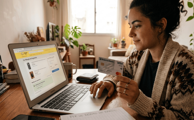 Uma jovem em casa utiliza o notebook para compras online. Ela segura seu Cartão de débito, em um contexto onde a escolha entre PIX e débito é pautada pelo questionamento anotado no caderno à sua frente: "PIX vs. DÉBITO NO BRASIL".