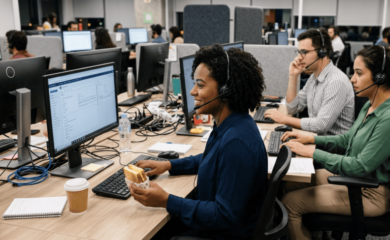 Três profissionais em um call center em São Paulo, Brasil, utilizam fones de ouvido e trabalham em computadores. A mulher em primeiro plano, com um sorriso, segura um sanduíche enquanto aprimora sua eficiência com o auxílio da inteligência artificial, em um ambiente descontraído. Este escritório moderno exemplifica como as empresas brasileiras, ao adotarem essa tecnologia inovadora, experimentam um crescimento expressivo em suas receitas.