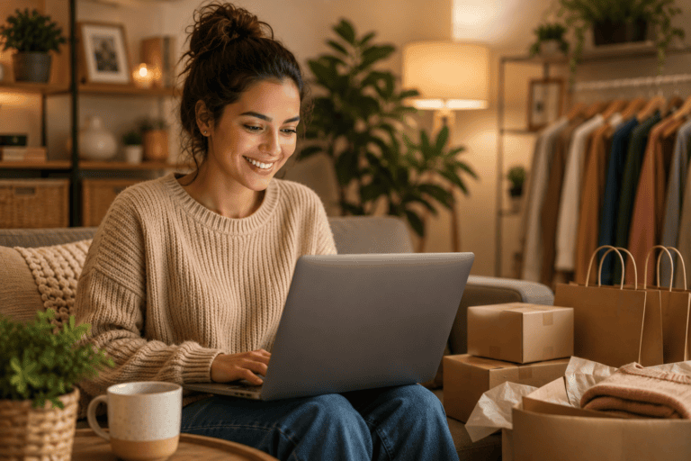 Jovem sorridente utilizando um notebook no conforto de casa, cercada por caixas e sacolas de compras, representando o crescimento do e-commerce e a consolidação das compras online como parte da rotina dos consumidores brasileiros.
