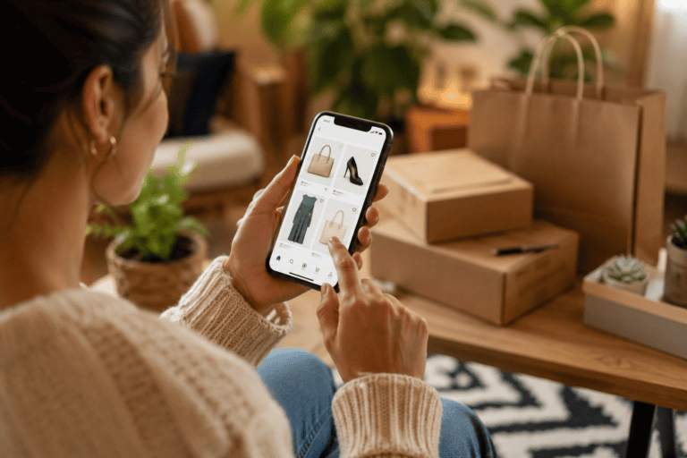 Pessoa utilizando um smartphone para fazer compras online em um ambiente residencial, cercada por caixas de entrega, representando o crescimento do varejo digital e a transformação dos hábitos de consumo por meio das plataformas de comércio eletrônico.