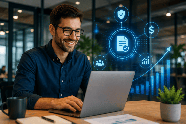 Profissional utilizando um notebook em um ambiente corporativo moderno, representando o uso de duplicatas digitais para tornar operações financeiras mais seguras e eficientes. A imagem simboliza a digitalização de ativos, a redução de riscos de fraude e a ampliação do acesso ao crédito para pequenas e médias empresas por meio de tecnologias inovadoras.