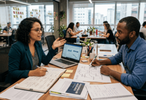 Dois profissionais discutem estratégias em uma mesa de trabalho colaborativa repleta de anotações e gráficos em um escritório moderno, ilustrando a inovação e o planejamento por trás da disrupção do sistema financeiro brasileiro pelas fintechs.