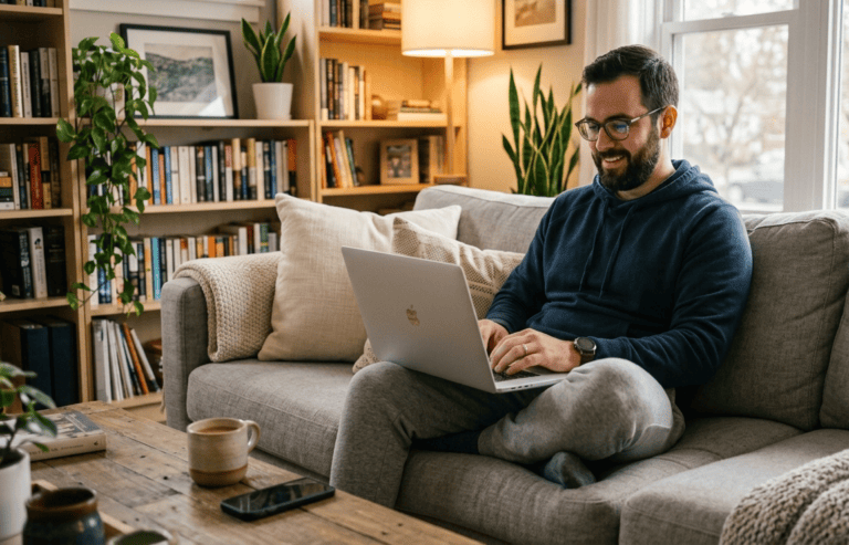 Um homem barbudo e de óculos trabalha confortavelmente em um notebook sentado no sofá de sua casa, ilustrando o cenário de home office. O tema do artigo, "Monitoramento no trabalho: até onde a tecnologia pode vigiar você?", explora como as ferramentas digitais utilizadas neste ambiente podem coletar dados e monitorar a produtividade e atividades dos funcionários remotamente.