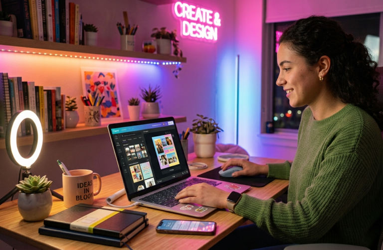 Uma jovem mulher, com cabelos cacheados e suéter verde, sorri enquanto usa um notebook em uma mesa de escritório em casa. A tela do notebook exibe a interface de design do Canva, com um projeto de cartões coloridos e fotos. O ambiente é iluminado de forma colorida com luzes LED rosa e azuis. Ao redor dela, há livros em prateleiras, plantas, um ring light ligado e um letreiro de néon rosa na parede escrito 'CREATE & DESIGN'. Ela demonstra protagonismo digital ao gerenciar sua própria criação de conteúdo e design de forma autônoma e criativa.