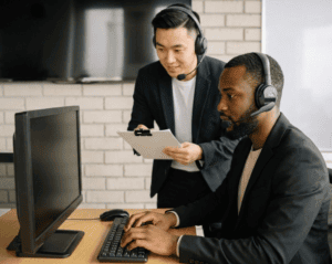 Dois profissionais em um ambiente de escritório com fones de ouvido. O homem sentado digita no computador enquanto o homem em pé segura um clipboard e olha para a tela, colaborando em operações de pagamentos B2B. A parede de fundo é de tijolos brancos.