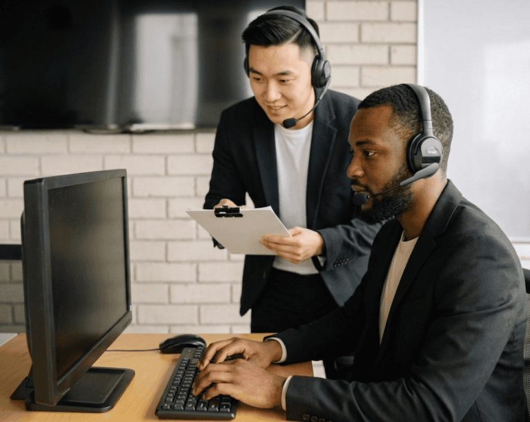 Dois profissionais em um ambiente de escritório com fones de ouvido. O homem sentado digita no computador enquanto o homem em pé segura um clipboard e olha para a tela, colaborando em operações de pagamentos B2B. A parede de fundo é de tijolos brancos.
