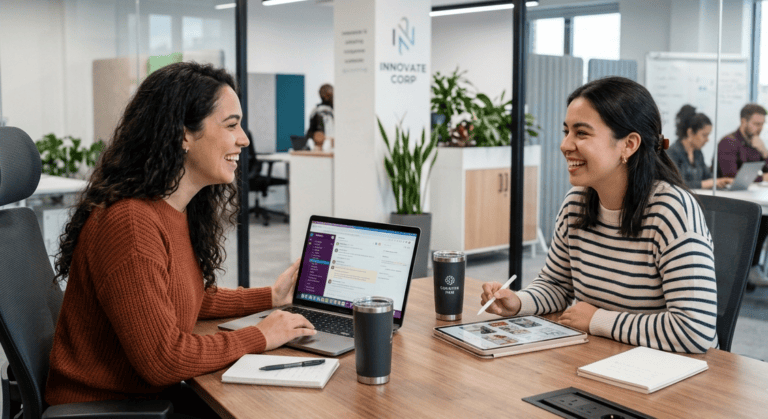 Duas profissionais de Recursos Humanos trabalham juntas em uma mesa de escritório moderna. Uma delas usa um notebook para visualizar dados de candidatos, enquanto a outra utiliza um tablet. O ambiente reflete a era digital, onde a inteligência artificial no recrutamento e seleção redefine o RH, trazendo mais agilidade e inteligência baseada em dados para as contratações.