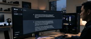 Fotografia em plano médio de um homem em seu escritório doméstico, sentado e interagindo com um grande monitor ultra-widescreen curvo. A tela exibe a interface do ChatGPT da OpenAI em modo escuro, com o logotipo visível no canto superior esquerdo. O texto visível na tela detalha explicitamente como a aliança estratégica entre a NVIDIA e a OpenAI une hardware de computação em GPU massiva com software avançado (modelos como GPT-4o) para acelerar exponencialmente a IA generativa.