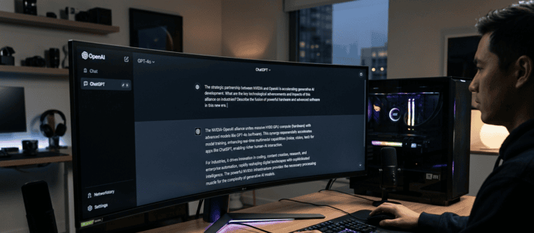 Fotografia em plano médio de um homem em seu escritório doméstico, sentado e interagindo com um grande monitor ultra-widescreen curvo. A tela exibe a interface do ChatGPT da OpenAI em modo escuro, com o logotipo visível no canto superior esquerdo. O texto visível na tela detalha explicitamente como a aliança estratégica entre a NVIDIA e a OpenAI une hardware de computação em GPU massiva com software avançado (modelos como GPT-4o) para acelerar exponencialmente a IA generativa.