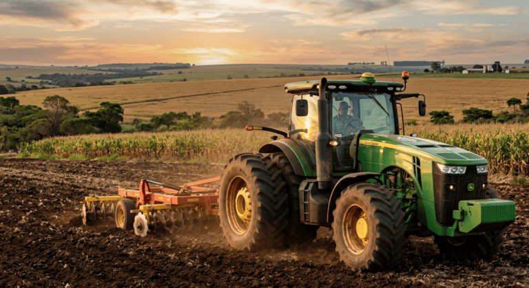 Foto de um trator verde moderno cultivando um campo de terra escura com um arado de discos durante o pôr do sol no agronegócio brasileiro. A paisagem de colinas ao fundo sugere vastas áreas onde a inteligência artificial no agronegócio pode ser aplicada para um planejamento mais eficiente e uma agricultura de precisão.