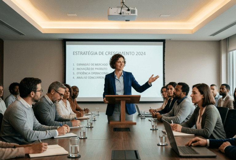 Uma foto de uma reunião de diretoria focada em uma apresentação sobre o futuro. No centro, uma mulher de negócios apresenta um slide em um telão de projeção, que exibe o título em português: "ESTRATÉGIA DE CRESCIMENTO 2024", seguido por uma lista de tópicos: "1. EXPANSÃO DE MERCADO", "2. INOVAÇÃO DE PRODUTO", "3. EFICIÊNCIA OPERACIONAL", "4. ANÁLISE CONCORRENCIAL". A apresentação simboliza a necessidade urgente de letramento em novas tecnologias para a tomada de decisões estratégicas. Mais de uma dezena de profissionais seniores, de diversas origens, estão sentados em torno de uma grande mesa de madeira, observando atentamente a apresentadora, com expressões de engajamento e reflexão, ilustrando o impacto do letramento nas dinâmicas corporativas e na competitividade do mercado.