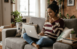 Mulher jovem sentada confortavelmente em um sofá cinza de uma sala de estar, sorrindo enquanto segura uma xícara de café e usa um notebook da Apple para fazer compras no e-commerce. A sala é decorada com plantas, livros e uma parede de tijolos ao fundo.