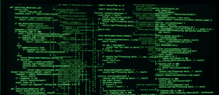 Uma tela de computador escura exibe várias linhas de código de programação em verde brilhante, evocando a estética de cibersegurança e computação de matriz.