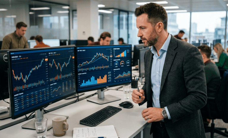 Um homem de terno está de pé em um escritório analisando gráficos financeiros em dois monitores que mostram dados de inteligência artificial. No fundo, outras pessoas trabalham em suas mesas. Na mesa à frente do homem, há um teclado, um mouse, um copo com água e uma caneca.