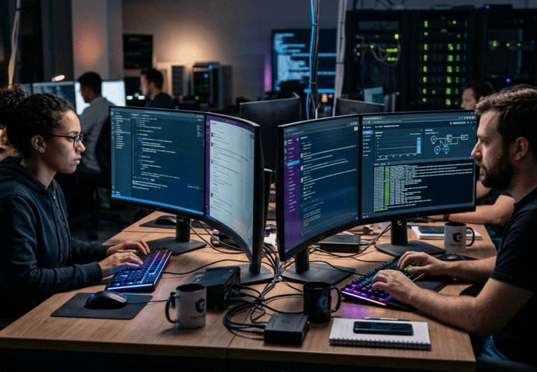 Dois profissionais de TI trabalhando colaborativamente em uma estação de trabalho de alta tecnologia, ilustrando uma parceria estratégica de outsourcing de TI. O ambiente, com múltiplos monitores exibindo código e servidores ao fundo, sugere a complexidade e a especialização necessárias para os projetos do futuro.