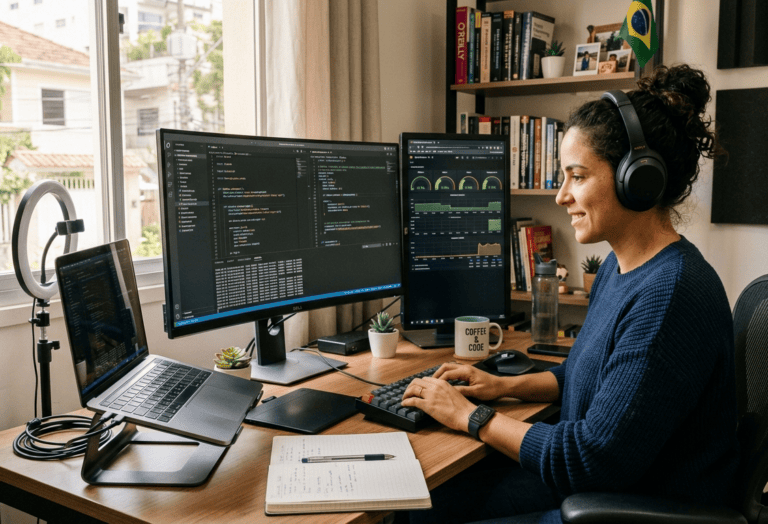 Uma profissional de tecnologia trabalha em seu home office, equipado com múltiplos monitores exibindo código e gráficos de monitoramento de dados. Ela está sentada à mesa de madeira, usando fones de ouvido e sorrindo enquanto digita, com um laptop à esquerda e uma estante de livros ao fundo, onde se vê uma pequena bandeira do Brasil. O ambiente do home office é bem iluminado pela luz natural que entra pela janela ao lado.