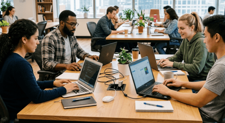 Quatro profissionais jovens e de diversas origens estão sentados ao redor de uma mesa de madeira em um escritório moderno, cada um focado em seu laptop. A imagem transmite colaboração e o tipo de trabalho que profissionais do futuro em áreas como IA realizam.