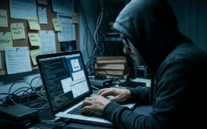 Uma imagem em close de um homem com capuz e óculos, em uma sala escura, digitando em um notebook. O notebook exibe um código complexo e informações de dados. A sala está cheia de fios e eletrônicos. Um painel de cortiça com notas autoadesivas, algumas com termos como "identity theft" e "data breach", está na parede.