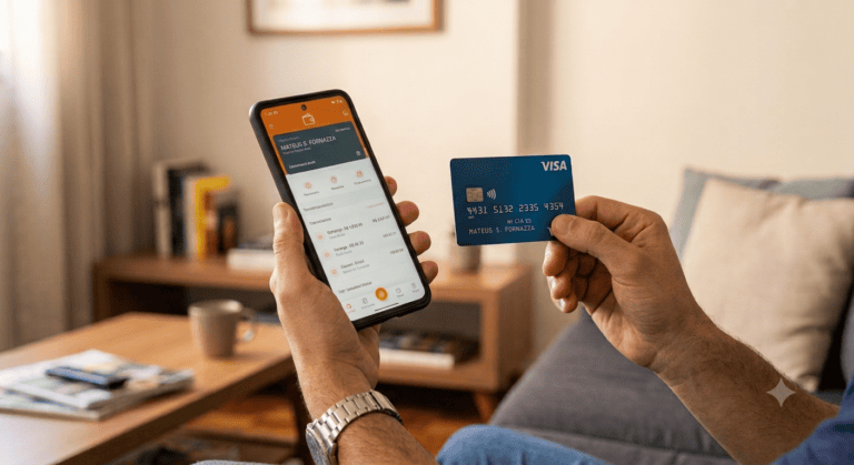Uma fotografia em close das mãos de um homem segurando um smartphone com a interface do aplicativo do Banco Inter aberta e um cartão de crédito físico do Banco Inter com a bandeira Visa. A tela do aplicativo exibe o nome do usuário "Mateus S. Fornazza", o saldo disponível "R$ 4.541,01" e um histórico de transações recentes. O cartão de crédito tem a numeração parcial e o nome "Mateus S. Fornazza". A imagem captura o momento em que o usuário confere o extrato da conta, ação que pode ser otimizada por agentes de IA que monitoram padrões de consumo e ajudam na prevenção de fraudes. O fundo é uma sala de estar com sofá e mesa de centro.
