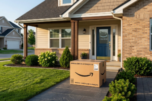 Caixa da Amazon em uma porta residencial, simbolizando o impacto da inteligência artificial e da automação avançada na logística de entregas e no futuro dos empregos na empresa até 2033.