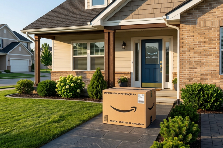 Caixa da Amazon em uma porta residencial, simbolizando o impacto da inteligência artificial e da automação avançada na logística de entregas e no futuro dos empregos na empresa até 2033.