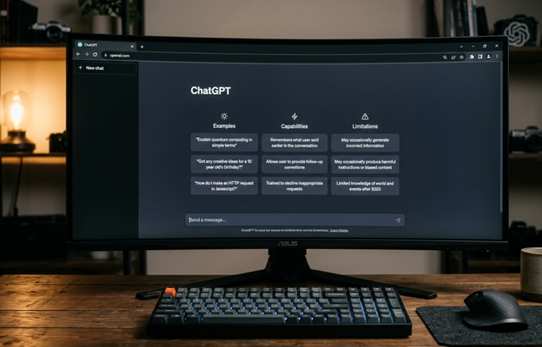 Monitor curvo com a interface do ChatGPT no modo escuro em uma mesa de trabalho, foto ilustrativa para a notícia sobre o Sora 2.