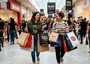 Duas amigas brasileiras caminham radiantes e sorridentes por um shopping lotado, carregando inúmeras sacolas de compras em um dia repleto de promoções da Black Friday. A cena é vibrante, com faixas e cartazes por toda parte anunciando "Black Friday" e "Promoção". Uma das mulheres veste uma camiseta escrito "Pix", enquanto ambas mostram suas diversas sacolas com logotipos visíveis de marcas conhecidas como Zara, Riachuelo, Amazon e H&M, além de sacolas genéricas com a inscrição "Black Friday 2023". O ambiente está repleto de outros consumidores, criando uma atmosfera de entusiasmo e consumo.