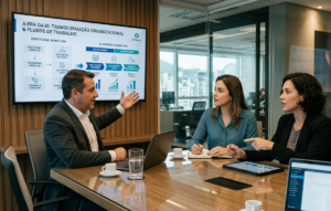 Três profissionais reunidos em escritório moderno discutem fluxo de trabalho com IA em tela de TV, exemplificando a inovação de Frontier Firms.